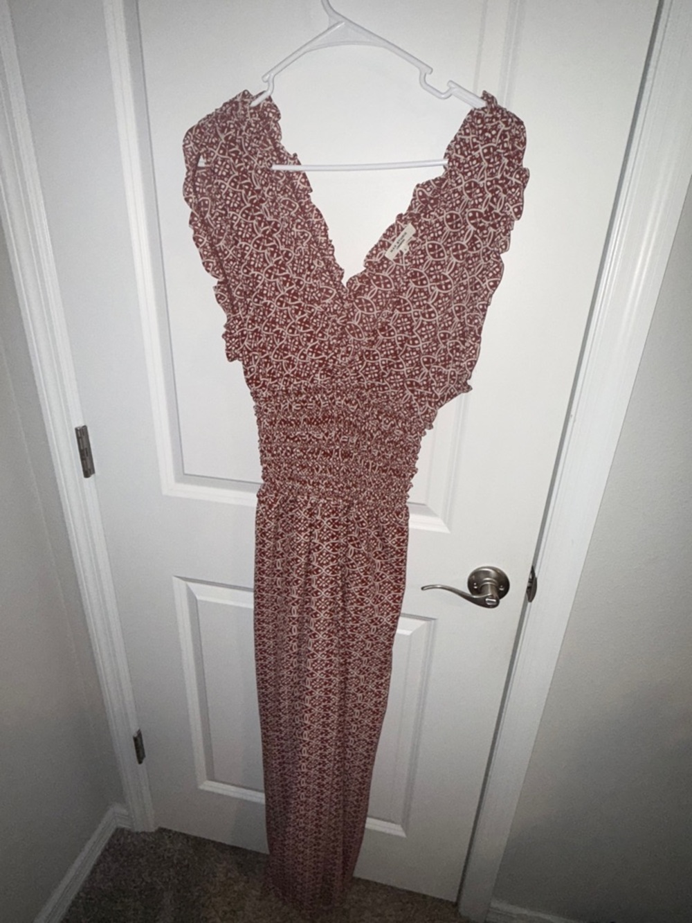 Smocked Waist V-Neck Maxi Dress in Rust Print